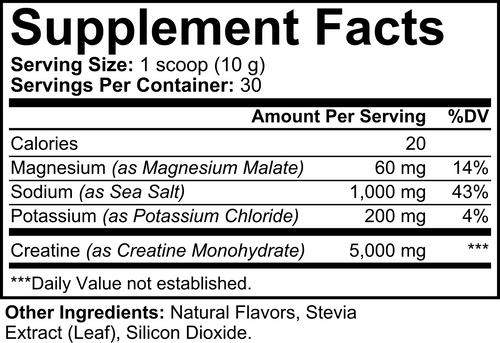 Supplement Facts for Lennoway Creatine Hydration: one 10 g scoop; 5 g creatine, 1,000 mg sodium, 200 mg potassium and 60 mg magnesium; 30 servings.