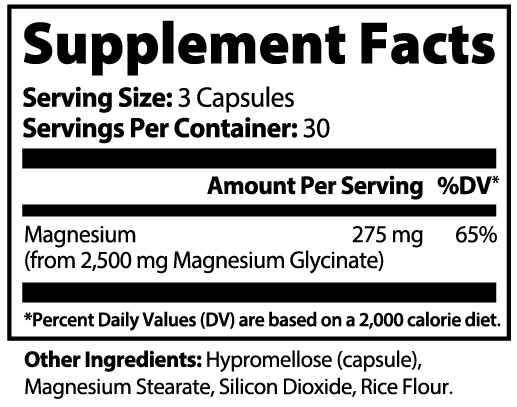 Lennoway Magnesium Glycinate Supplement Facts: 275 mg magnesium per 3 capsules; 30 servings per bottle.
