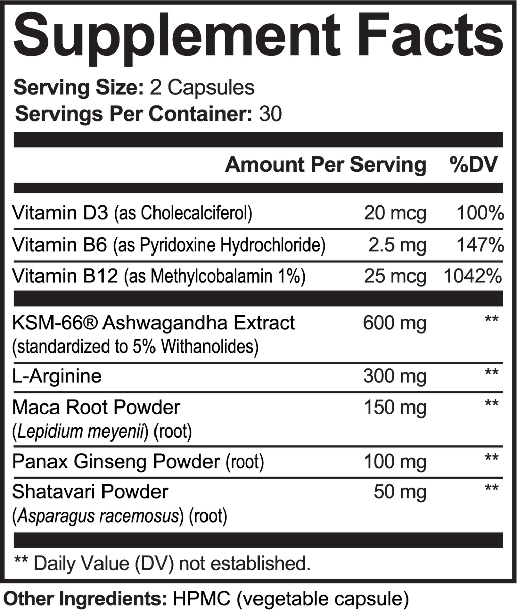 Supplement Facts for Lennoway Ashwagandha Plus: serving size two capsules; 600 mg KSM-66 ashwagandha extract with vitamins and botanicals. Full ingredient amounts are listed in the product description.