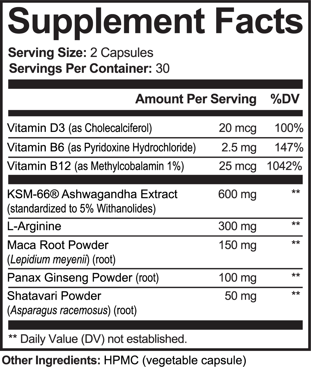 Supplement Facts for Lennoway Ashwagandha Plus: serving size two capsules; 600 mg KSM-66 ashwagandha extract with vitamins and botanicals. Full ingredient amounts are listed in the product description.